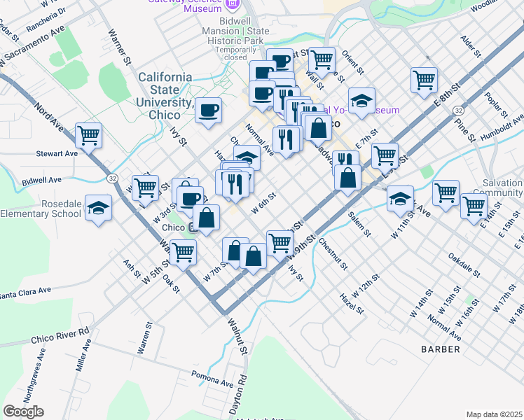 map of restaurants, bars, coffee shops, grocery stores, and more near 605 West 6th Street in Chico