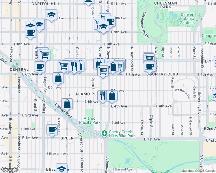 map of restaurants, bars, coffee shops, grocery stores, and more near 521 North Downing Street in Denver