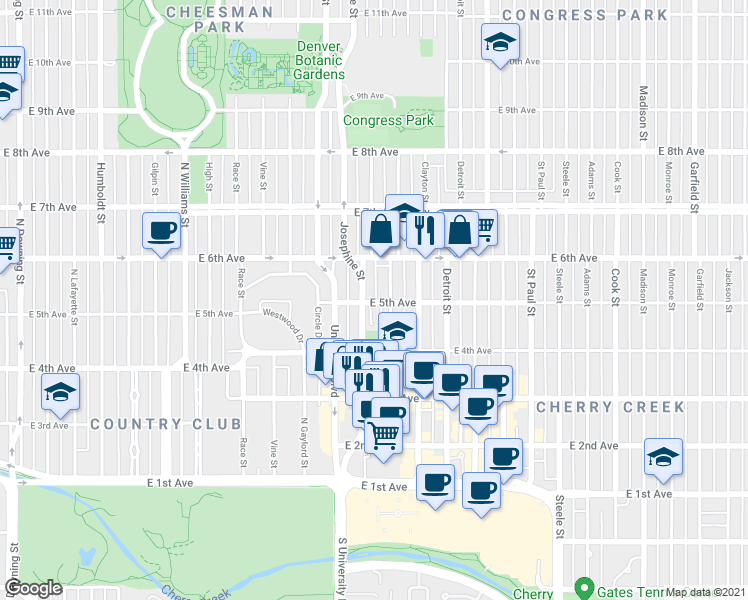map of restaurants, bars, coffee shops, grocery stores, and more near 2419 East 5th Avenue in Denver