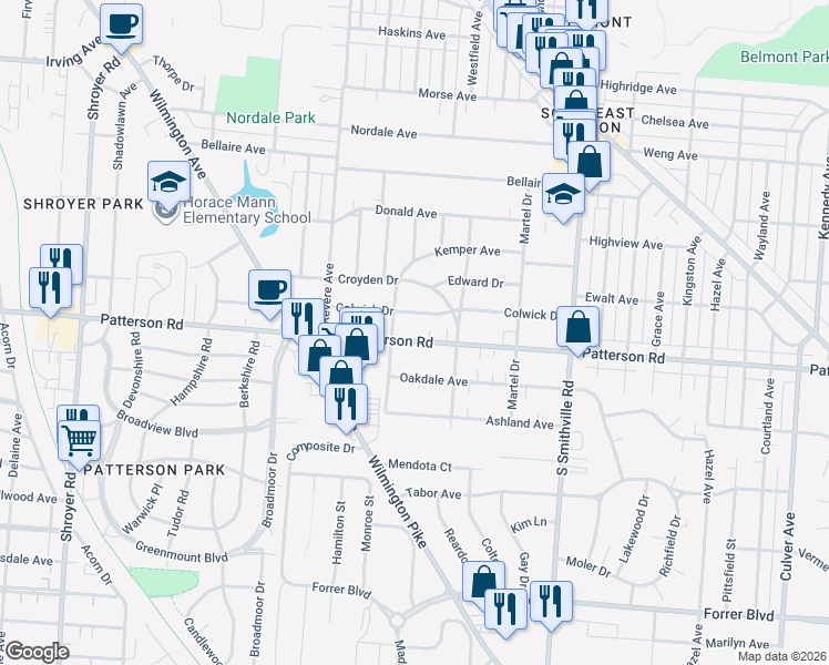map of restaurants, bars, coffee shops, grocery stores, and more near 1100 Colwick Drive in Dayton