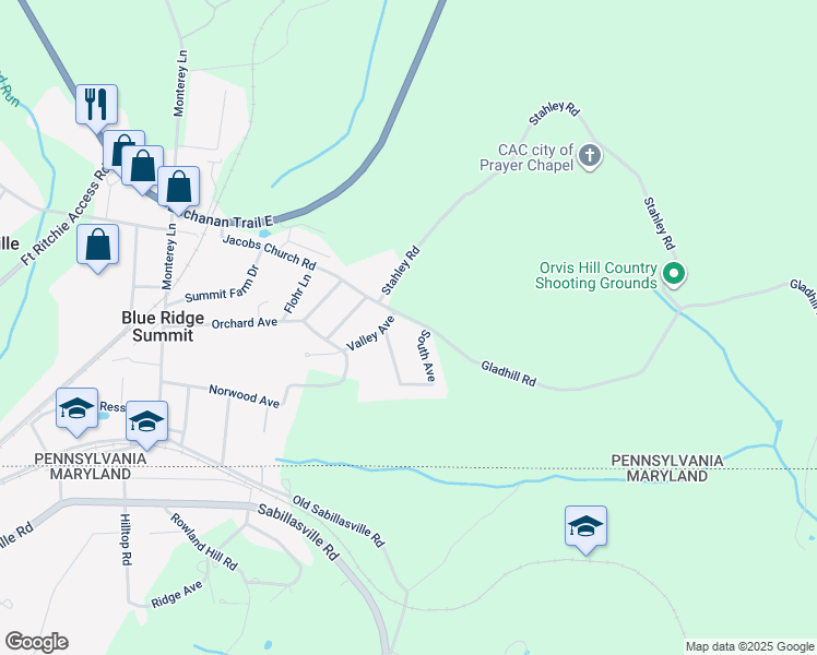 map of restaurants, bars, coffee shops, grocery stores, and more near 15894 Jacobs Church Road in Blue Ridge Summit