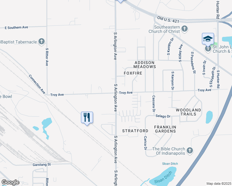 map of restaurants, bars, coffee shops, grocery stores, and more near S Arlington Ave & Troy Ave in Indianapolis