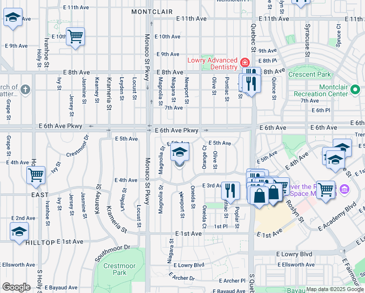 map of restaurants, bars, coffee shops, grocery stores, and more near 6727 East 5th Avenue in Denver