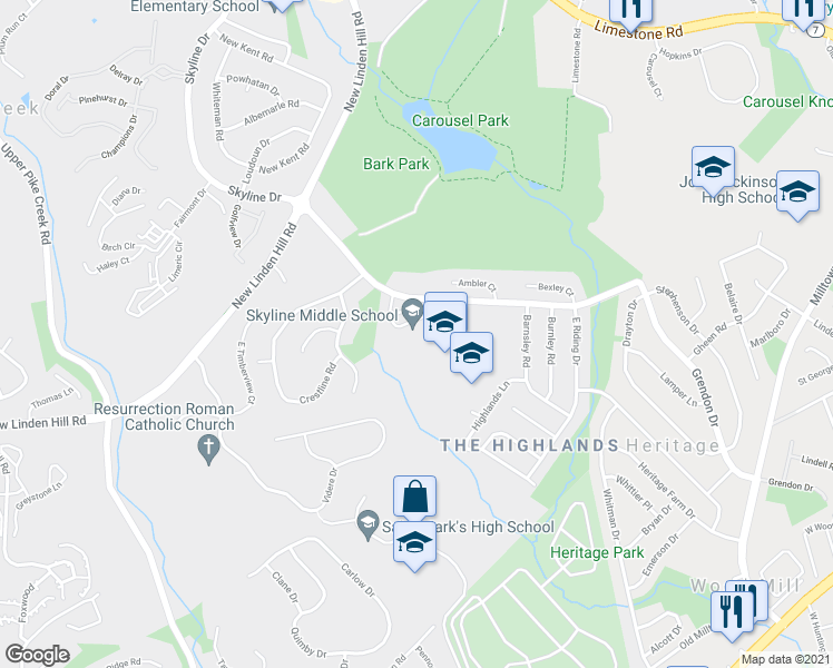 map of restaurants, bars, coffee shops, grocery stores, and more near 2900 Skyline Drive in Wilmington