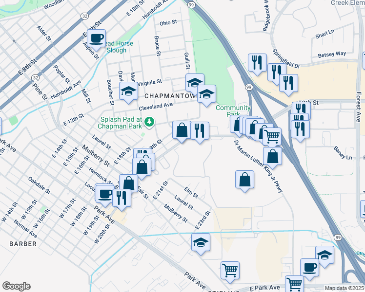map of restaurants, bars, coffee shops, grocery stores, and more near 897 East 20th Street in Chico