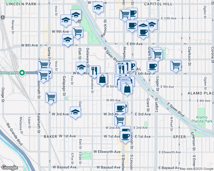 map of restaurants, bars, coffee shops, grocery stores, and more near 155 West 5th Avenue in Denver
