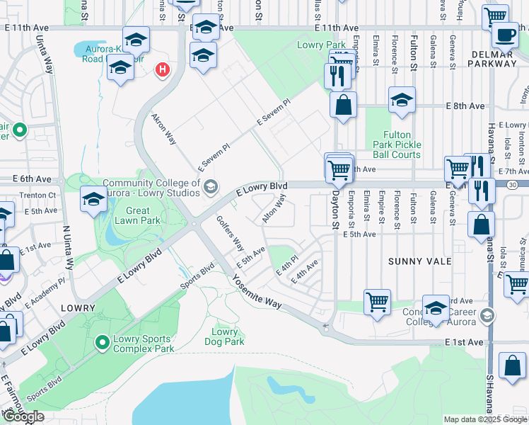 map of restaurants, bars, coffee shops, grocery stores, and more near 567 Alton Way in Denver