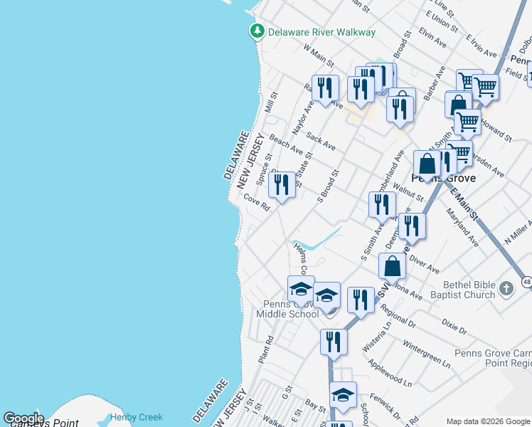 map of restaurants, bars, coffee shops, grocery stores, and more near 3 1/2 Cove Road in Penns Grove