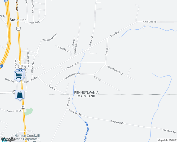 map of restaurants, bars, coffee shops, grocery stores, and more near 1197 Woodland Parkway in Waynesboro