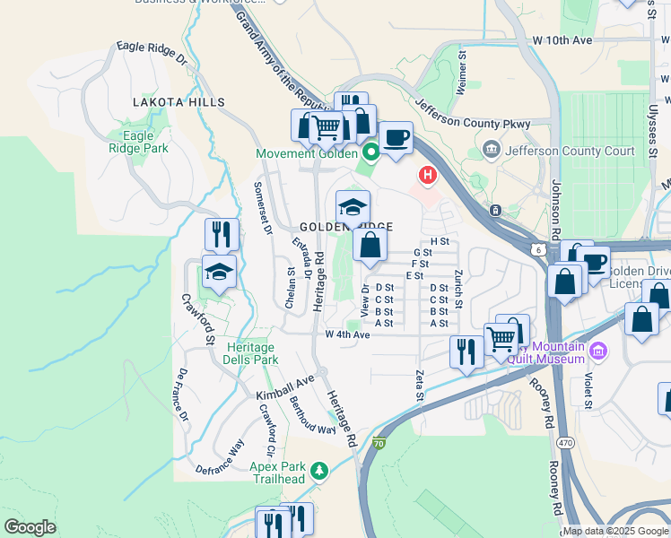 map of restaurants, bars, coffee shops, grocery stores, and more near 1350 Golden Circle in Golden