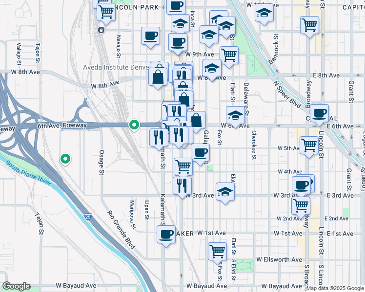 map of restaurants, bars, coffee shops, grocery stores, and more near 504 Santa Fe Drive in Denver
