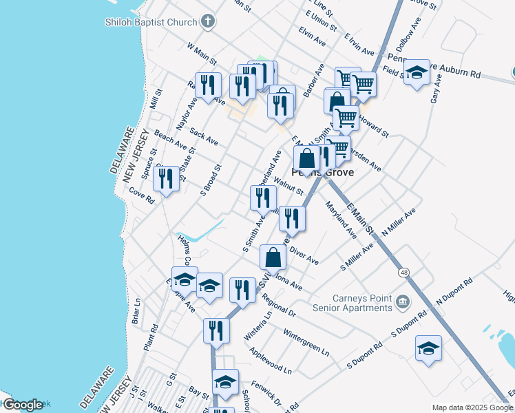 map of restaurants, bars, coffee shops, grocery stores, and more near 52 Willis Street in Penns Grove