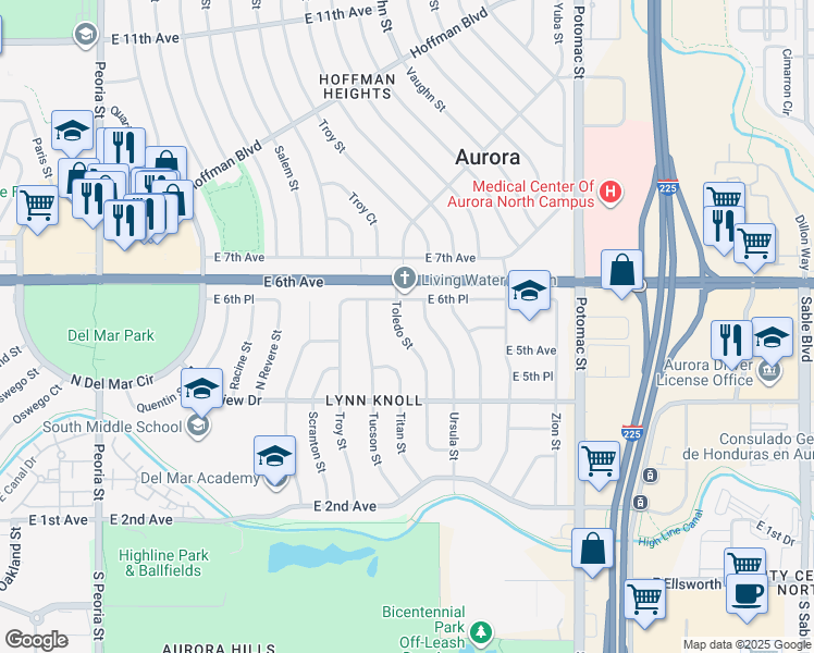 map of restaurants, bars, coffee shops, grocery stores, and more near 574 Toledo Street in Aurora