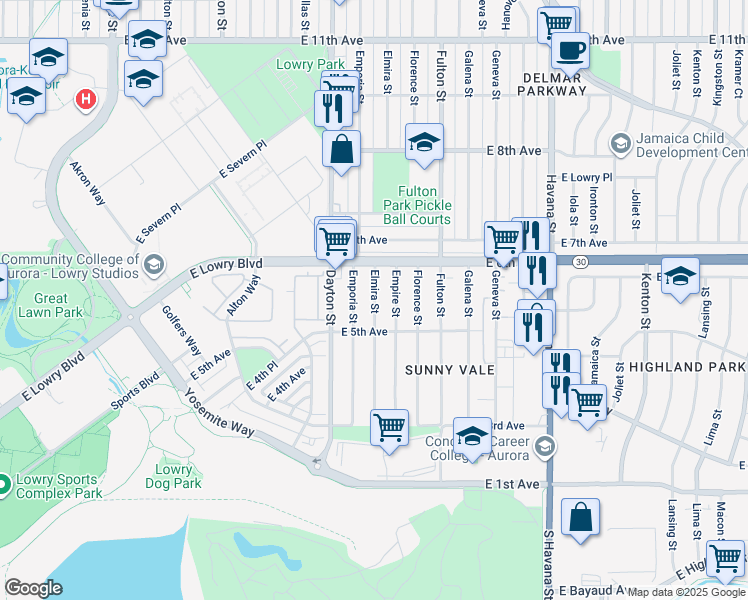 map of restaurants, bars, coffee shops, grocery stores, and more near 548 Emporia Street in Aurora