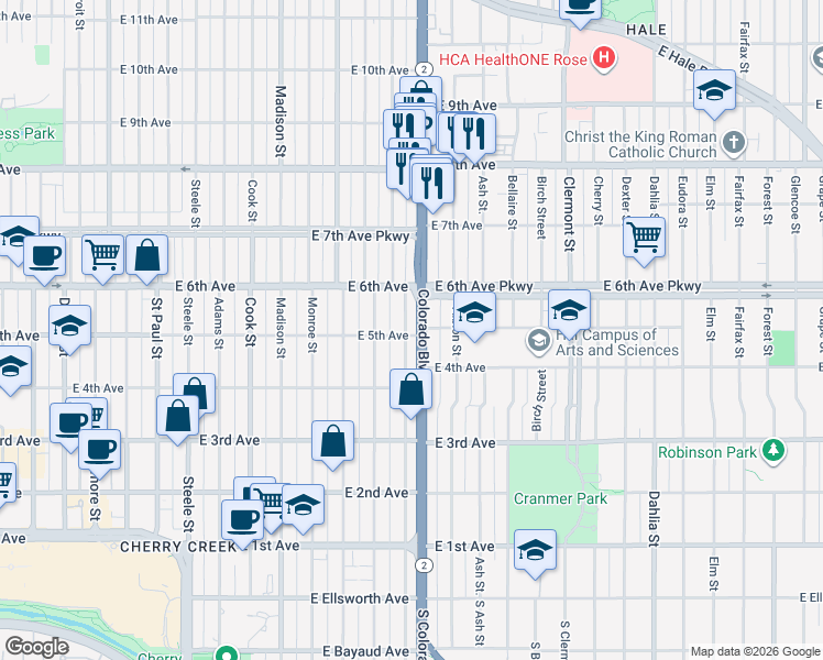 map of restaurants, bars, coffee shops, grocery stores, and more near 521 Harrison Street in Denver