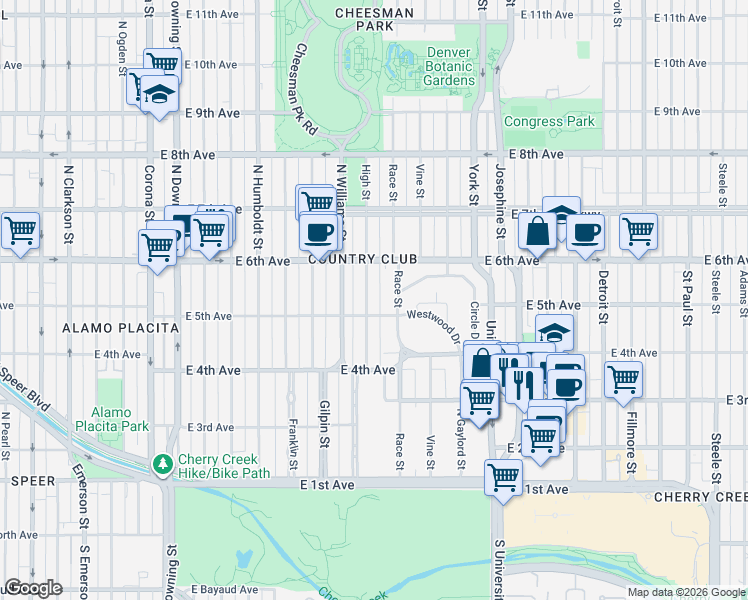 map of restaurants, bars, coffee shops, grocery stores, and more near 545 Race Street in Denver