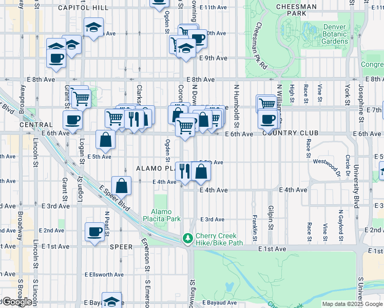 map of restaurants, bars, coffee shops, grocery stores, and more near 537 North Downing Street in Denver