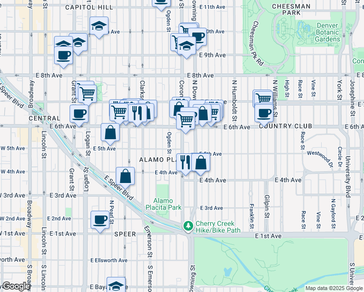 map of restaurants, bars, coffee shops, grocery stores, and more near 519 Corona Street in Denver
