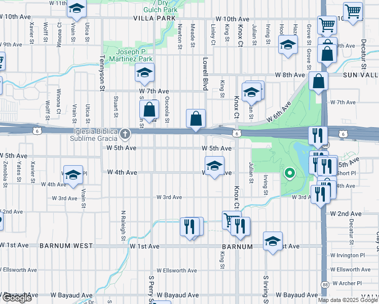 map of restaurants, bars, coffee shops, grocery stores, and more near 478 Meade Street in Denver