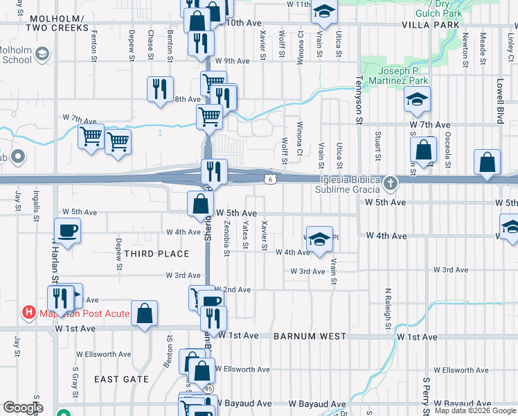 map of restaurants, bars, coffee shops, grocery stores, and more near 530 Xavier Street in Denver