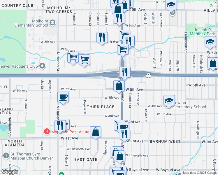 map of restaurants, bars, coffee shops, grocery stores, and more near 5345 West 5th Avenue in Lakewood