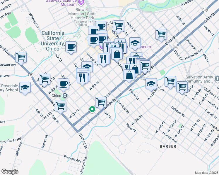 map of restaurants, bars, coffee shops, grocery stores, and more near 726 Normal Avenue in Chico