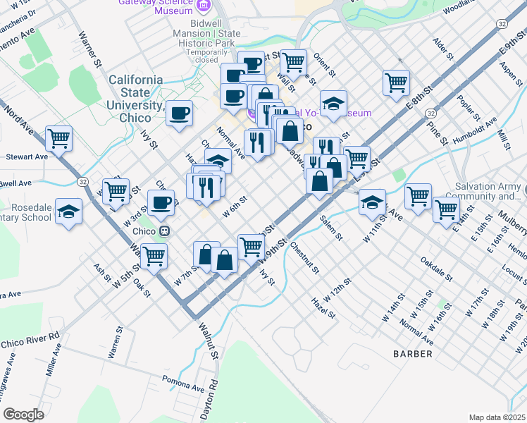 map of restaurants, bars, coffee shops, grocery stores, and more near 504 West 7th Street in Chico