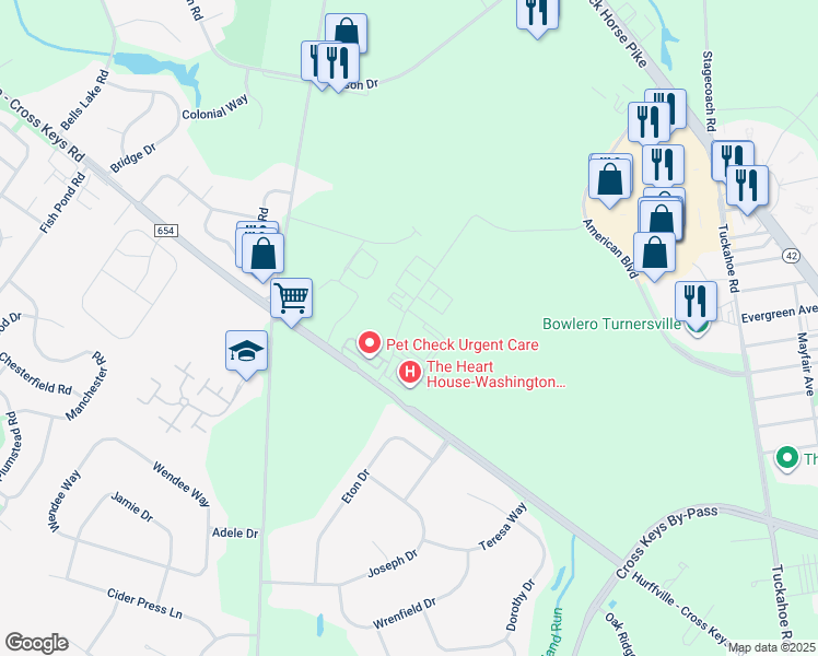 map of restaurants, bars, coffee shops, grocery stores, and more near 100 Town Center Boulevard in Washington Township