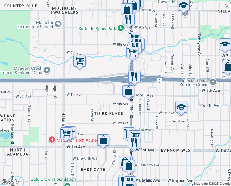 map of restaurants, bars, coffee shops, grocery stores, and more near 5345 West 5th Avenue in Lakewood