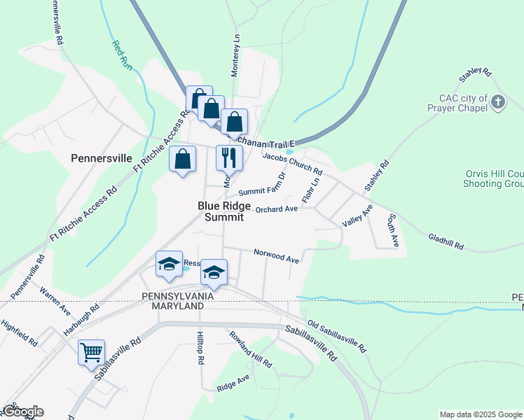 map of restaurants, bars, coffee shops, grocery stores, and more near 15384 Orchard Avenue in Blue Ridge Summit