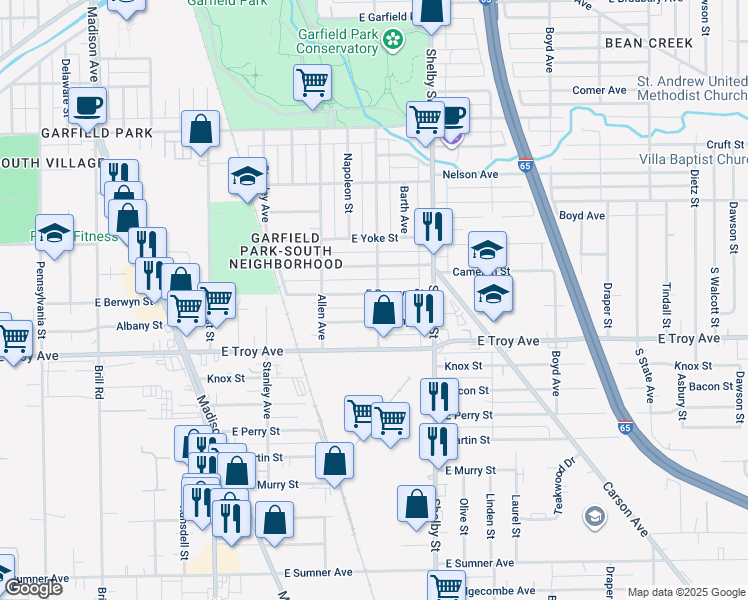 map of restaurants, bars, coffee shops, grocery stores, and more near 961 East Berwyn Street in Indianapolis