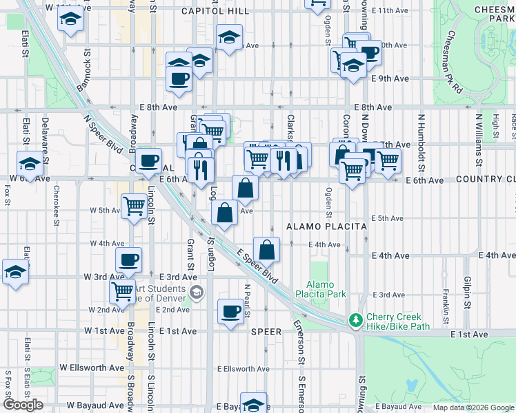 map of restaurants, bars, coffee shops, grocery stores, and more near 515 North Washington Street in Denver