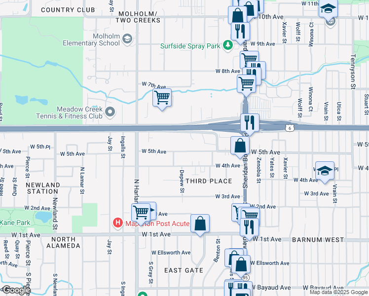 map of restaurants, bars, coffee shops, grocery stores, and more near 5645 West 5th Avenue in Lakewood