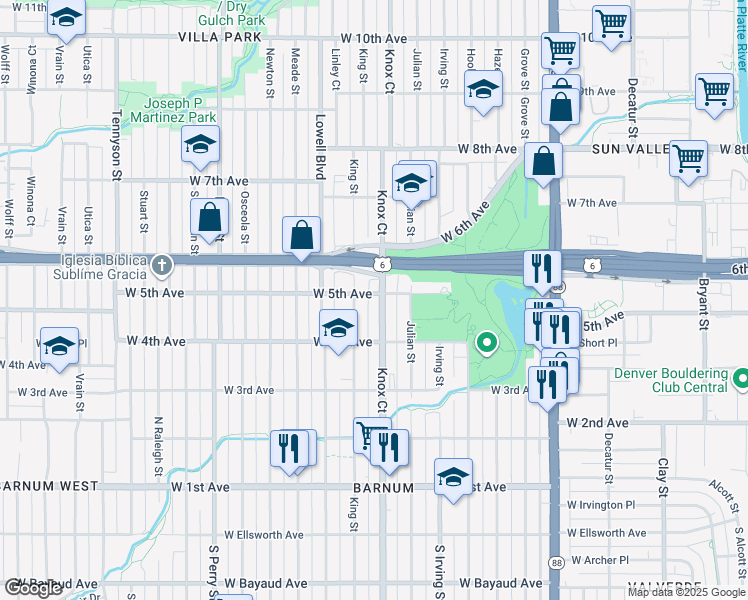 map of restaurants, bars, coffee shops, grocery stores, and more near 479 Knox Court in Denver