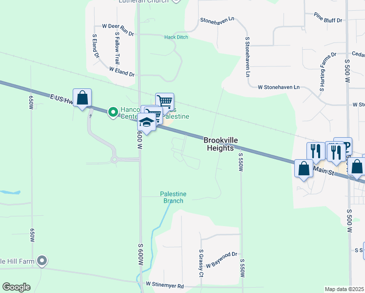 map of restaurants, bars, coffee shops, grocery stores, and more near in New Palestine