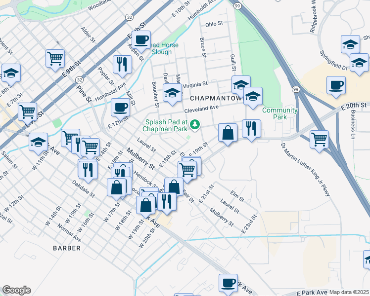map of restaurants, bars, coffee shops, grocery stores, and more near 675 East 18th Street in Chico