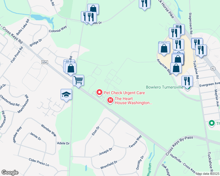map of restaurants, bars, coffee shops, grocery stores, and more near 100 Town Center Boulevard in Washington Township