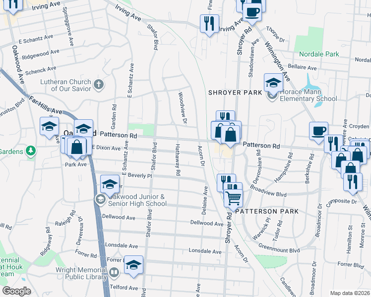 map of restaurants, bars, coffee shops, grocery stores, and more near 318 Patterson Road in Dayton