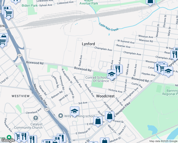 map of restaurants, bars, coffee shops, grocery stores, and more near 606 Boxwood Road in Wilmington