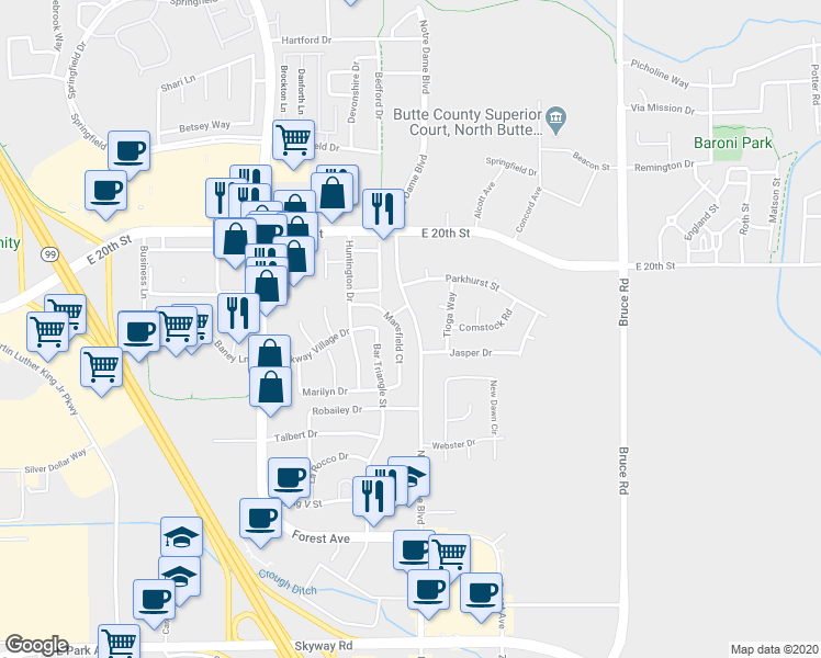 map of restaurants, bars, coffee shops, grocery stores, and more near 2140 Notre Dame Boulevard in Chico
