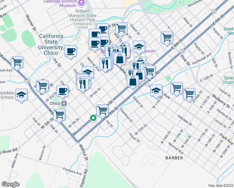 map of restaurants, bars, coffee shops, grocery stores, and more near 402 West 8th Street in Chico
