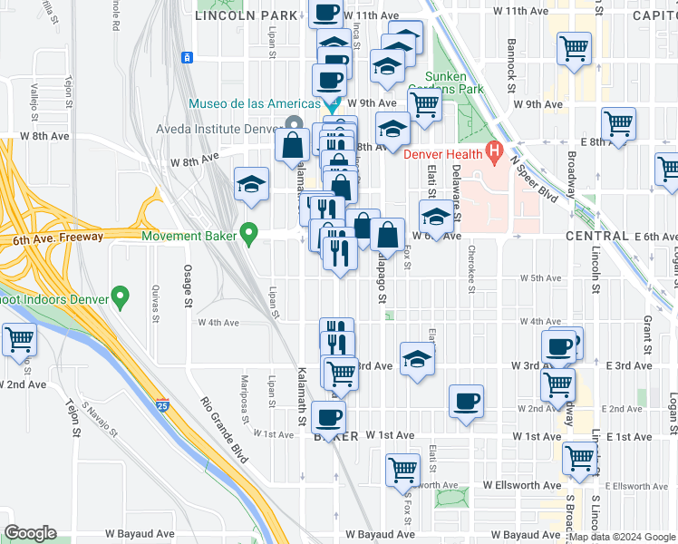 map of restaurants, bars, coffee shops, grocery stores, and more near 506 Santa Fe Drive in Denver