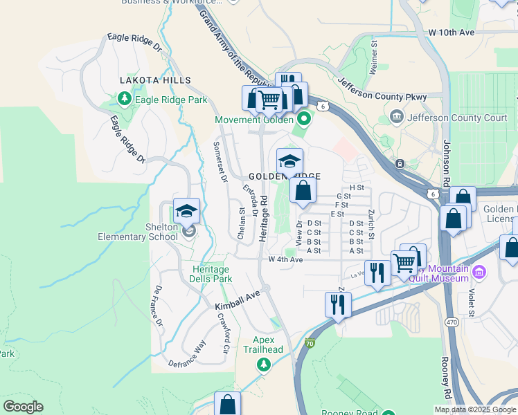 map of restaurants, bars, coffee shops, grocery stores, and more near 512 Entrada Drive in Golden