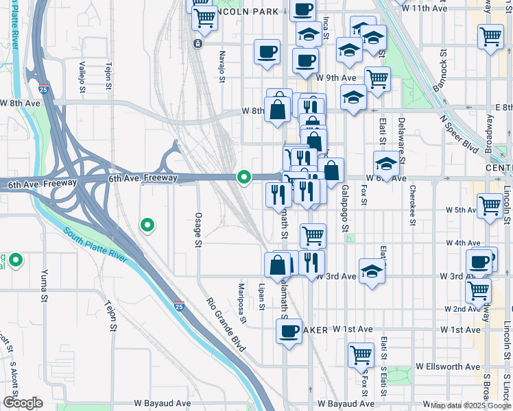 map of restaurants, bars, coffee shops, grocery stores, and more near 505 Lipan Street in Denver