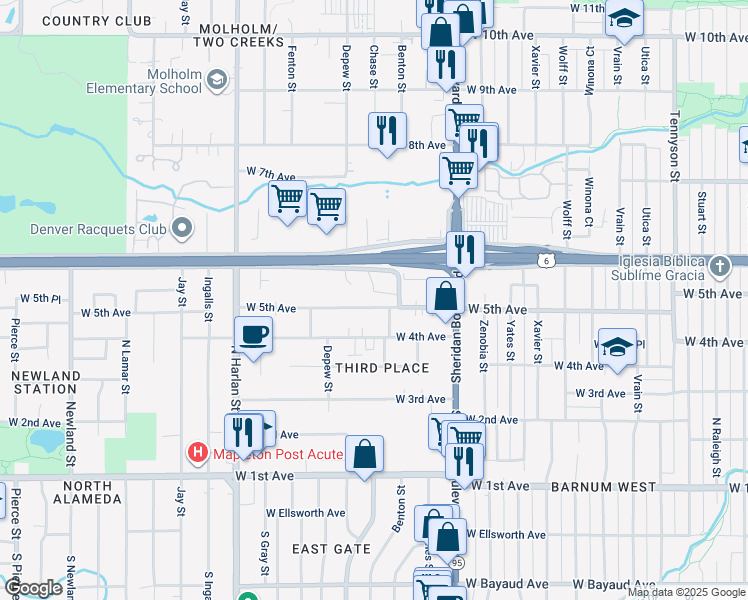map of restaurants, bars, coffee shops, grocery stores, and more near 5435 West 5th Avenue in Lakewood