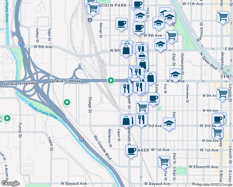 map of restaurants, bars, coffee shops, grocery stores, and more near 505 Lipan Street in Denver