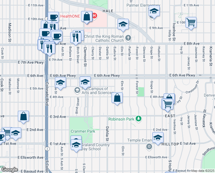 map of restaurants, bars, coffee shops, grocery stores, and more near East 5th Avenue in Denver