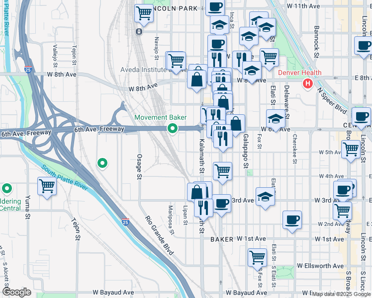map of restaurants, bars, coffee shops, grocery stores, and more near 572 Lipan Street in Denver