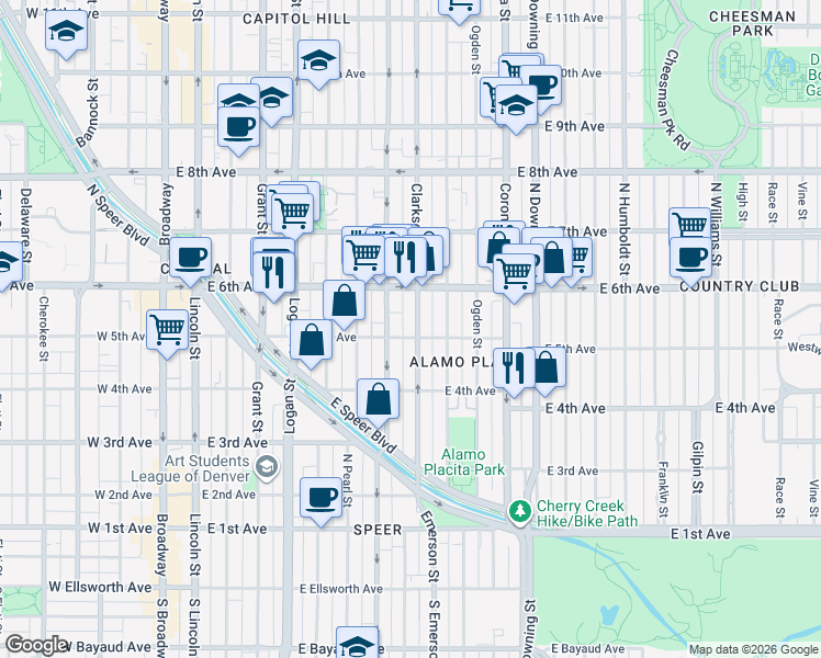 map of restaurants, bars, coffee shops, grocery stores, and more near 515 Clarkson Street in Denver