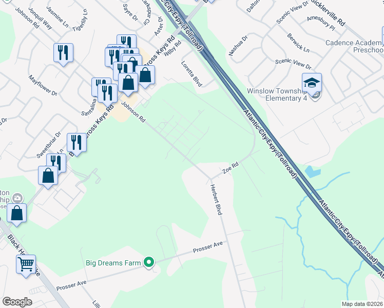 map of restaurants, bars, coffee shops, grocery stores, and more near 614 Johnson Road in Sicklerville